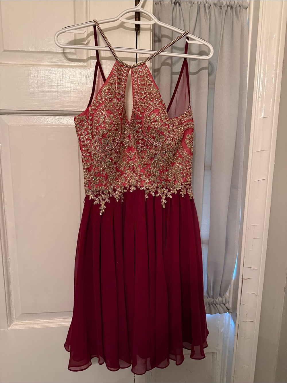 Dave & Johnny Embellished Burgundy Halter Prom Dress